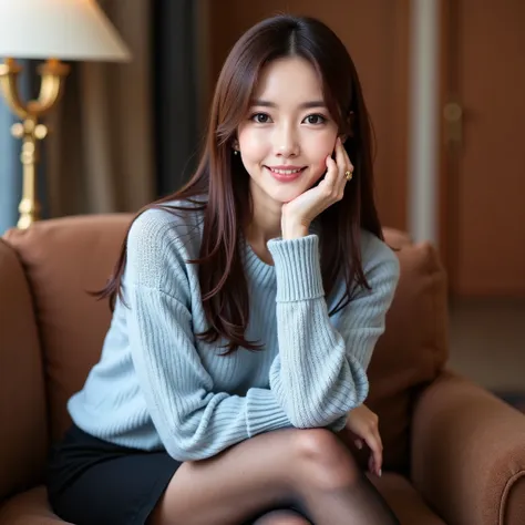 a beautiful asian woman with long brown hair is sitting on a brown couch. she is wearing a light blue knitted sweater, a black s...