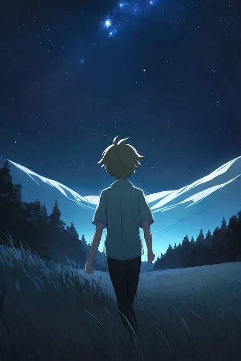 Len Kagamine Vocaloid boy runs on a hill focused on him at night while the stars pass by