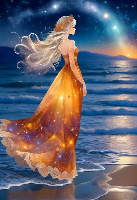 Autumn Sea waves in the distance mountains lace silver waves stands a beautiful girl in a fabulous autumn dress in a fabulous starry on her head a wreath of stars colored lace floating nearby stars and dawn