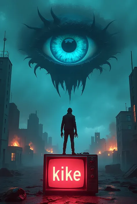 A giant blue eye, above the eye a creature with claws on its hands and legs and sharp teeth, below the eye you can see a small city on fire, in front a man with claw hands is standing on top of an old television with the name and neon "Kike"