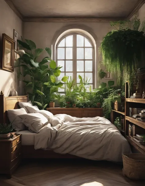 Wizard bedroom, Unmade bed , plant,