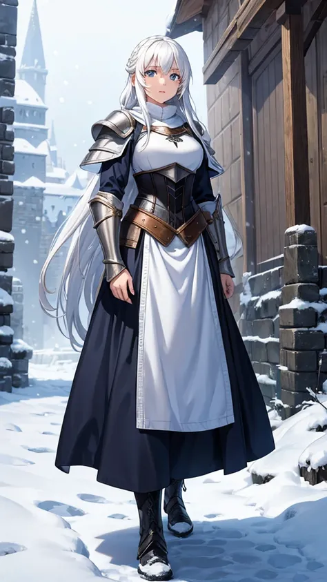 1 girl, long white hair, Light armor, Winter clothing, Set in medieval times, snowy landscape 