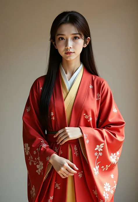 a photorealistic image of a young east asian woman dressed in traditional sengoku-era attire. she is wearing a red uchikake (cer...