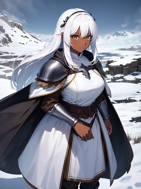 1 girl, long white hair, dark skin, Light armor, Winter clothing, Set in medieval times, snowy landscape 