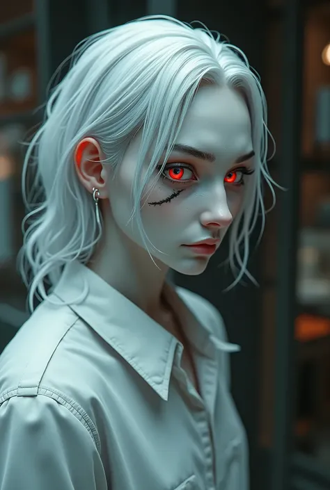 White hair,Red-blue eyes,Skin as white as snow,Like to sleep/lethargic,Tall,There is a scar on the eyebrow.,Wearing a cafe staff shirt,Emotionless face,man