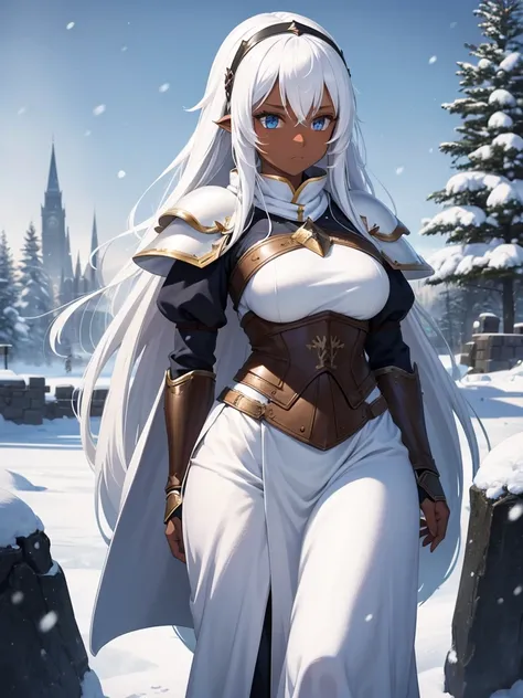 1 girl, long white hair, dark skin, groped, Light armor, Winter clothing, Set in medieval times, snowy landscape 