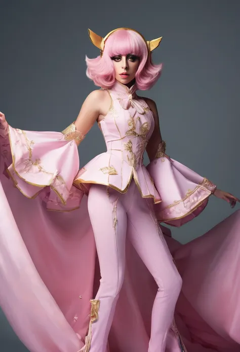 gaga wearing an extremely budget outfit, very beautiful, flawless hair, cardcaptor sakura inspired clothes, pose for photo, very...