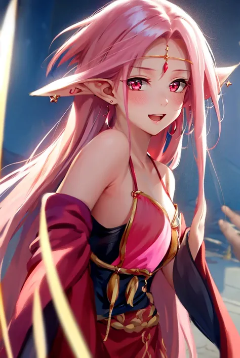 best quality, long hair, pink hair, earrings, Pointed ears, Blushing, open mouth, Red eyes, Hair band, Shine, 