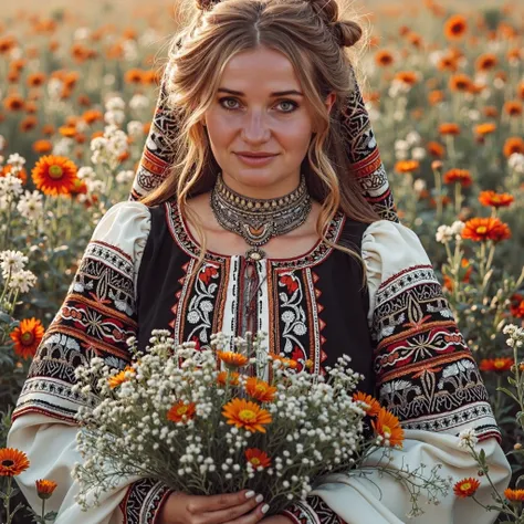 Высокодетализированная photo, cinematic style, beautiful forty year old happy woman in traditional ukrainian dress, holding a bouquet of flowers, Ukrainian girl, Ukrainian national clothing with embroidery, Ukrainian national costume, Ukraine, professional...