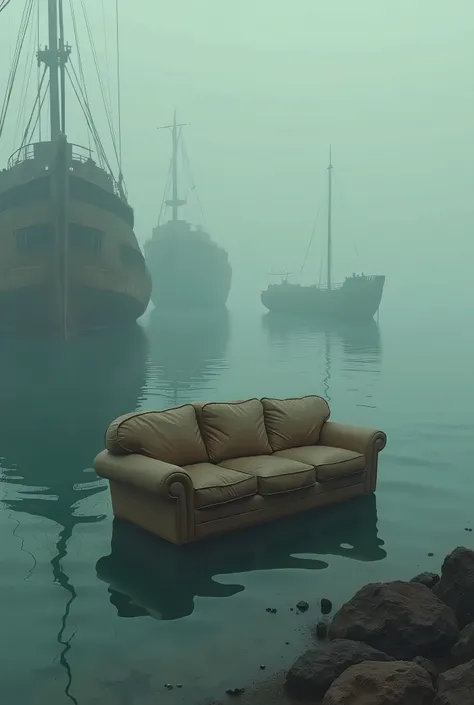 A sofa in the sea in front of a TV and on the shore of the graveyard of ships in a sad atmosphere