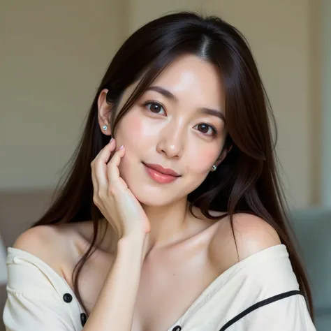 A photo of a young Korean woman with flawless, glowing skin and a soft smile, giving off a warm and friendly vibe. Her long, straight dark brown hair is neatly styled, framing her face and cascading down her shoulders. She is dressed in a casual yet stylis...