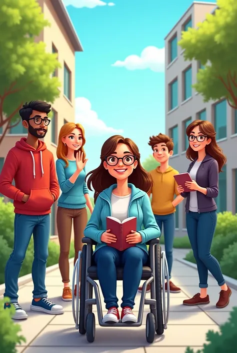 "Create a vibrant, cartoonish scene set on a modern college campus. In the center of the image, show Maria, a student using a wheelchair, smiling as she interacts with her classmates. Maria has medium-length brown hair, wearing glasses, a light blue jacket...