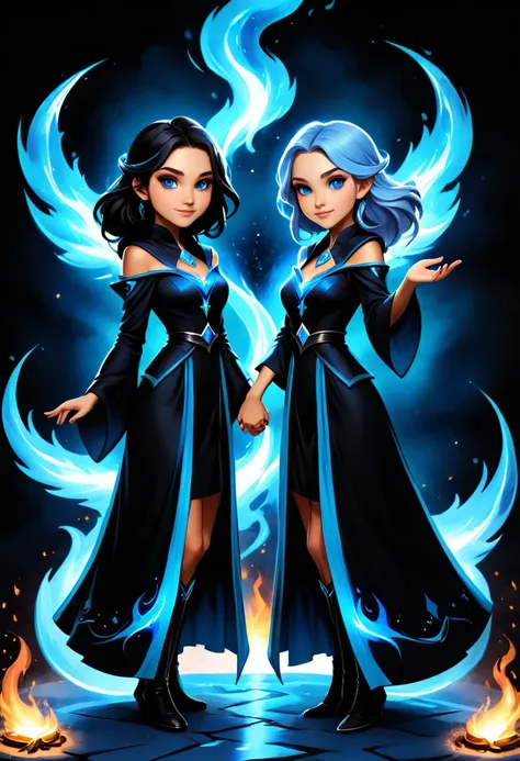 ava and leah clements twins as sorceresses wearing blue and fancy sparkly epic black mage robes sanding side by side holding hands. 2 girls. casting fire and ice spells