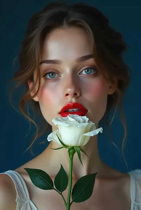 Portrait réaliste sur fond bleu foncé avec des lèvres rouge vif, dune femme tenant une une rose blanche entre les dents, détails très précis.