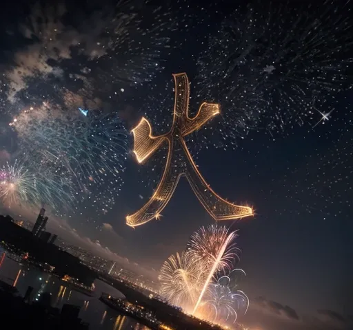 A close-up shot of the fireworks illuminating the night sky above Victoria Harbour, with intricate details of each explosion, showcasing cascading stars and shimmering trails, set against the backdrop of the citys illuminated skyscrapers.