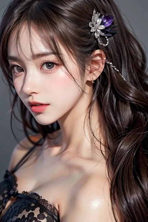 (number々Award-winning masterpiece, Incredible detail, Textures and maximum detail), (hyper Realistic:1.4), (Realistic:1.3), (Highest quality realistic textured skin), (Detailed face),((Tight, Open from chest to navel、See-through black and purple lace dress...