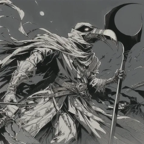 a drawing of a man with a scythe and a scythe in his hand, female moon knight, moon knight, lee bermejo, the plague doctor, inspired by Ian Miller, joe gb fenton, plague doctor, mark riddick, dark soul concept art, lich vecna (d&d), kenku, inspired by Bern...