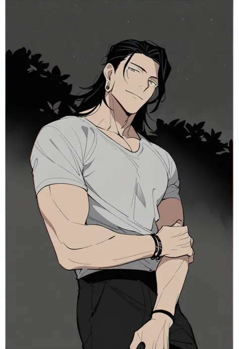 solo, ((waist-length art)), bottom, flat color, dark theme, night, 1 man, (mature man: 1.5), (friendly male face), mole under eye, (( (wavy black hair last length with white strands in bangs))), detailed eyes, (((gray eyes))), (masculine: 1.5), white shirt...