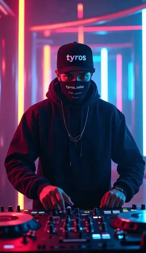 “An ultra-realistic image of a DJ wearing a modern outfit, with a stylish baseball cap that has the word ‘Tyros’ written on it, and a black mask with ‘Tyros_Talia’ printed across it. The DJ stands in a sleek, dimly lit nightclub environment, surrounded by ...