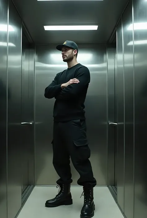 The image shows a man inside an elevator.. She is wearing a black sweater, black cargo pants and black boots.. The person is also wearing a cap or hat and has their arms crossed.. The interior of the elevator has metal walls with a reflective surface.