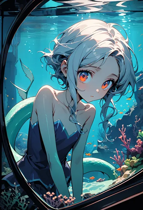 solo, female, close up, short, merrow, slender build, smooth glistening skin, long sinuous tail, fin tail, large eyes, dark aquamarines eyes, no visible ears, slightly upturned nose, curious appearance, inside aquarium, underwater, being exhibited