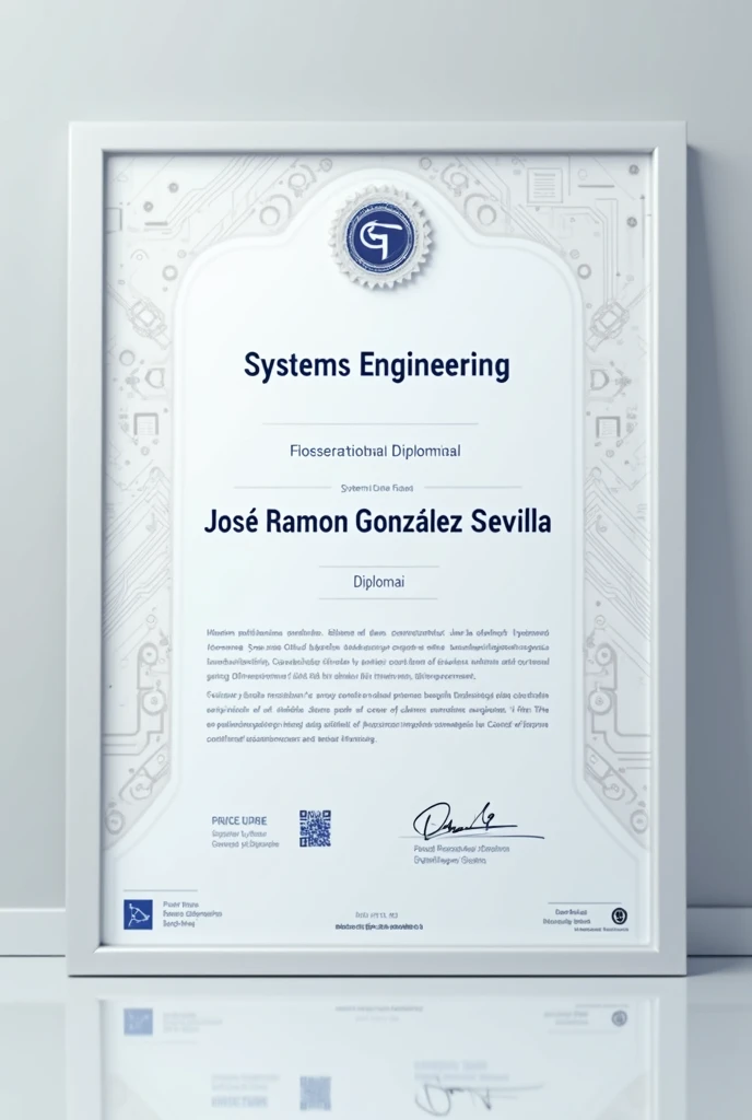 Generate an image of a systems engineering diploma that says the name José Ramón González Sevilla that has a technological theme and looks professional , that only the diploma is visible
