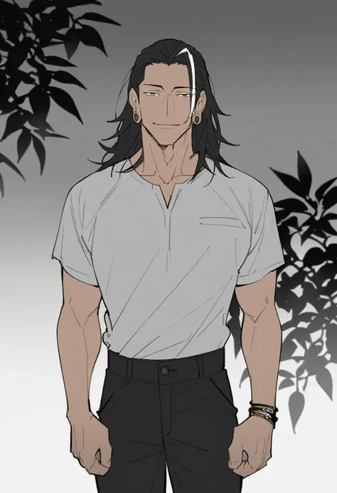 solo, ((waist-length art)), bottom, flat color, dark theme, night, 1 man, (mature man: 1.5), (friendly male face), mole under eye, (((shoulder-length black hair with white streaks in bangs))), detailed eyes, (((gray eyes))), (masculine: 1.5), white shirt, ...