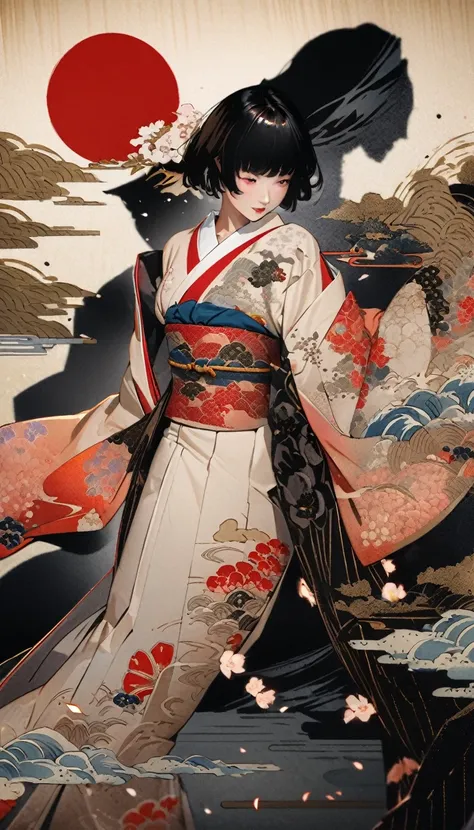 Ukiyo-e, Japanese painting, woodblock prints, ink painting, depictions of beautiful women using gold thread, Japanese clothing, Japanese kimonos, colorful gradations, fusion of watercolors and acrylic painting, fusion of paper cutting and shadow puppetry, ...