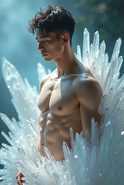 (photorealistic, masterpiece, best quality, highres, highly detailed), a young and handsome korean man posing nude surrounded by crystal, personification of crystal as a man, 20 year-old man, kpop model , manly, short hair,muscular , bodybuilder, smooth an...