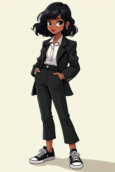 Beautiful cartoon girl wearing a black wide formal suit and converse shoes, black skin, short hair to her neck, curly black hair with bangs 