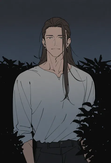 solo, ((waist-length art)), bottom, flat color, dark theme, night, 1 man, (mature man: 1.5), (friendly male face), mole under eye, (((shoulder length brown hair with white strands on the bangs))), detailed eyes, (((gray eyes))), (masculine: 1.5), white shi...