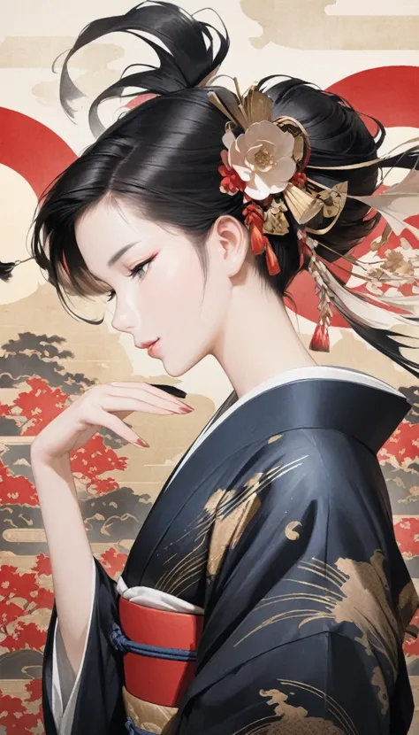 Ukiyo-e, Japanese painting, woodblock prints, ink painting, depictions of beautiful women using gold thread, Japanese clothing, Japanese kimonos, colorful gradations, fusion of watercolors and acrylic painting, fusion of paper cutting and shadow puppetry, ...