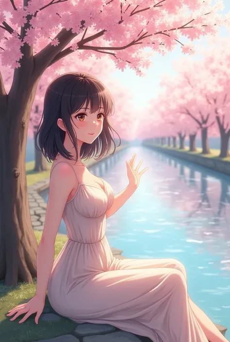 Near the river with cherry trees under the tree sits a girl smiling ((She extends her hand back 1.2))  Medium hair, fair skin, medium eyes (( Medium breasts, tilted backwards)) 