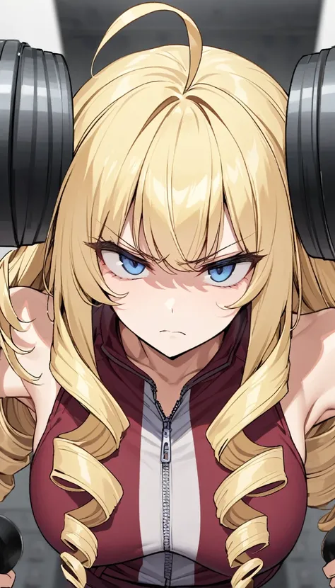 woman,, View your audience, Long Hair, Ahoge, blonde, Drill Hair, blue eyes, Slanted Eyes, Serious face, Maroon zippered sportswear, Dumbbell training, Aristocrat&#39;s Room、, Upper Body、Speedy Shot, Top quality masterpiece, detailed, ultra detailed, hyper...