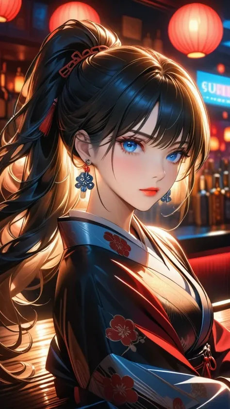 Portrait of Abigail: A strikingly beautiful woman with a high ponytail, Sitting at a bar in the red-light district. This masterpiece is of the highest quality.., High level details, And perfect for 8k HDR wallpapers... Features cinematic lighting with shar...