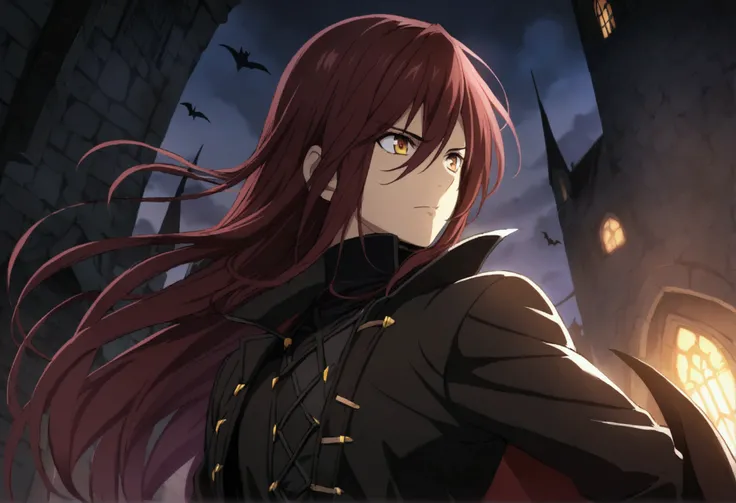 1 boy, dark red hair, long hair, golden eyes, vampire hunter clothes, CG