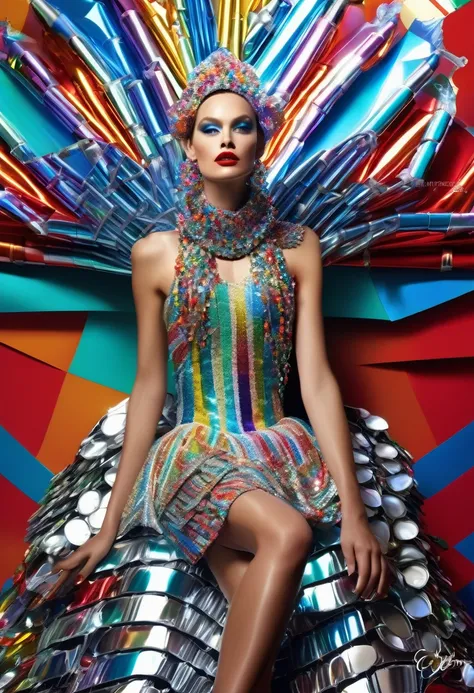 a handsome female, Costume made of aluminum cans and glass bottles, Haute Couture Fashion Photography,In the style of Coco Chanelaint-Laurent、 Colorful, Eye-catching anaglyph composition, Bright palette, A play of light and shadow, Aluminum and glass aesth...