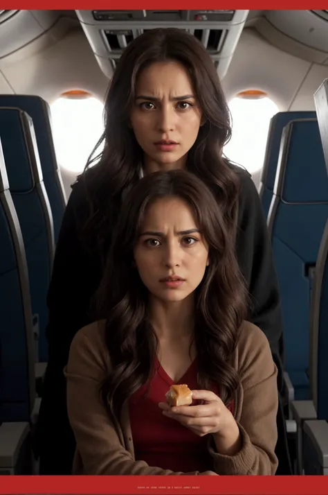 "The movie poster for Dulce Evasiva should capture a pivotal moment on an airplane during a hijacking. The protagonist, a young woman with disheveled hair and a determined expression, is positioned at the center, staring resolutely ahead. In her hand, she ...