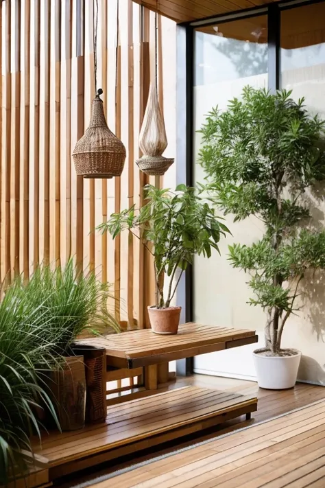 Photos of balanced environments, with the combination of wood and plants.