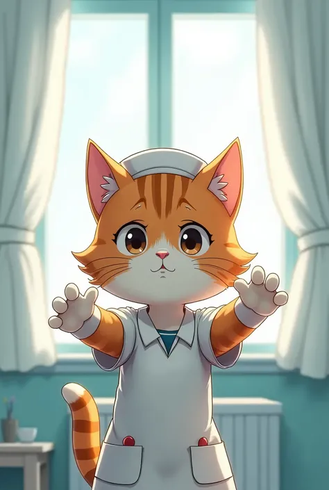 cover page, Cat nurse reaching for me anxiously, Hospital room, White curtains, sunlight, window, nurses outfit, absurdres, perfect anatomy(kemono, cute girl, solo focus)(furry anthro)(very detailed body fur)