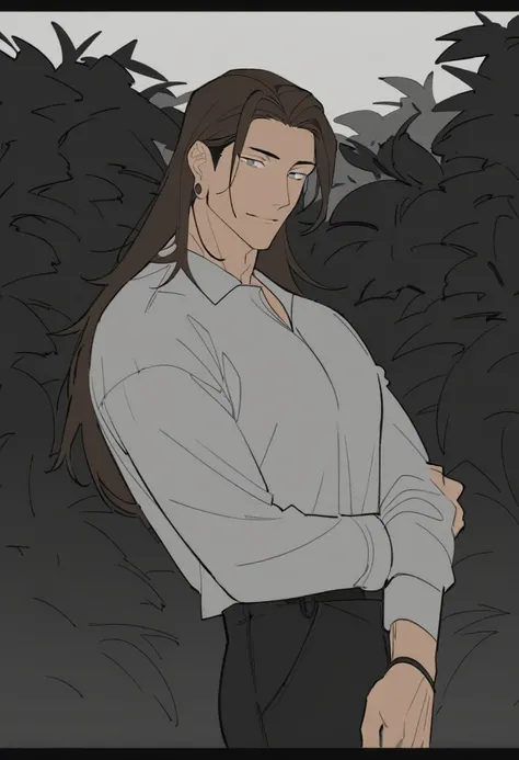 solo, ((waist-length art)), bottom, flat color, dark theme, night, 1 man, (mature man: 1.5), (friendly male face), mole under eye, (((shoulder length brown hair with white strands on the bangs))), detailed eyes, (((gray eyes))), (masculine: 1.5), white shi...