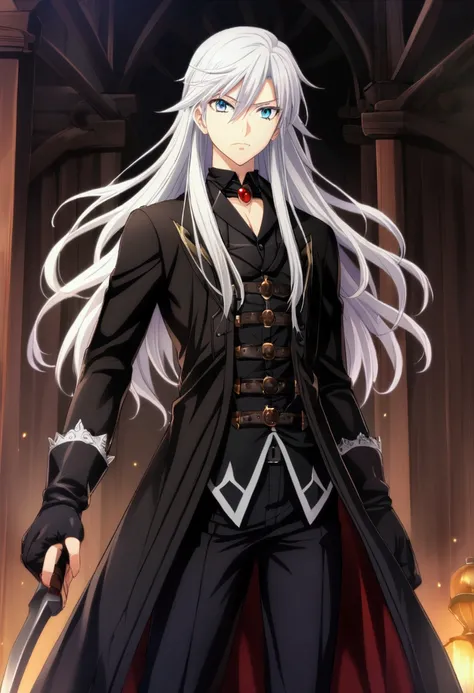 1 boy, white hair, long hair, blue eyes, vampire hunter clothes, teenage, CG