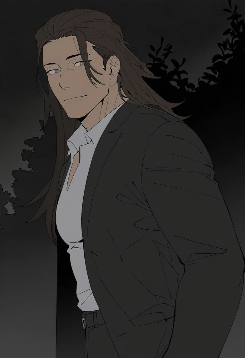 solo, ((waist-length art)), bottom, flat color, dark theme, night, 1 man, (mature man: 1.5), (friendly male face), mole under eye, (((shoulder length brown hair with white strands on the bangs))), detailed eyes, (((gray eyes))), (masculine: 1.5), white shi...