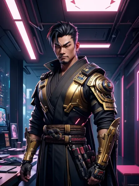 cyberpunk old samurai, cyberpunk face enhancement, asian man ,in Japanese armor! gold top of kimono siut!, cyberpunk prosthetic arm, cyberpunk face cyberware, male with black hair, cybernetic face enhancement, Xtreme, big muscle, cyberpunk Japanese kimono ...