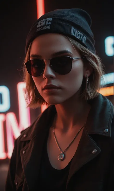 score_9, score_8_up, score_7_up, face close up, alternative girl, watching over black sunglasses, jacket, necklace, neon light reflections on skin, ear ring, makeup, skin imperfection, short hair, beanie, neon lights background, low light, depth of field, ...