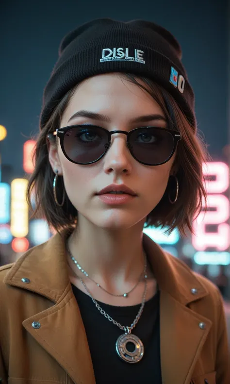 score_9, score_8_up, score_7_up, face close up, alternative girl, watching over black sunglasses, jacket, necklace, neon light reflections on skin, ear ring, makeup, skin imperfection, short hair, beanie, neon lights background, low light, depth of field, ...