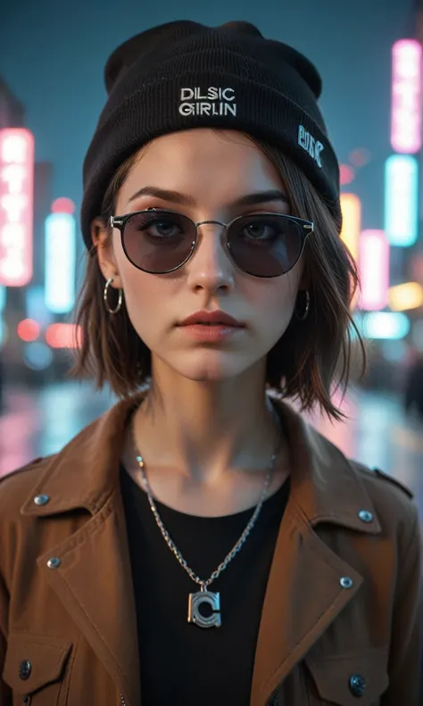 score_9, score_8_up, score_7_up, face close up, alternative girl, watching over black sunglasses, jacket, necklace, neon light reflections on skin, ear ring, makeup, skin imperfection, short hair, beanie, neon lights background, low light, depth of field, ...