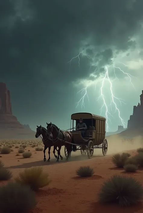 A buggy in the desert with a thunderstrom 