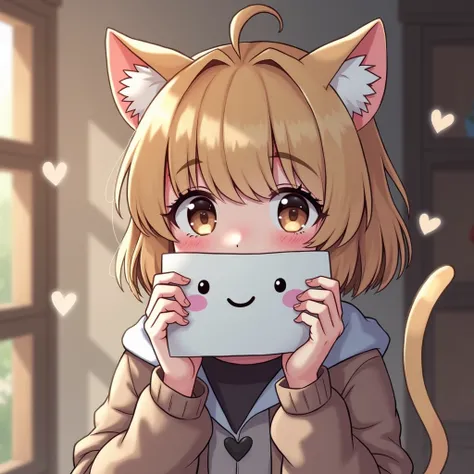 The image features a character with a cute appearance, sporting cat ears and short, blonde hair. She has large, expressive brown eyes and a shy expression, with her cheeks flushed. The character is holding a piece of paper with a smiley face on it in front...