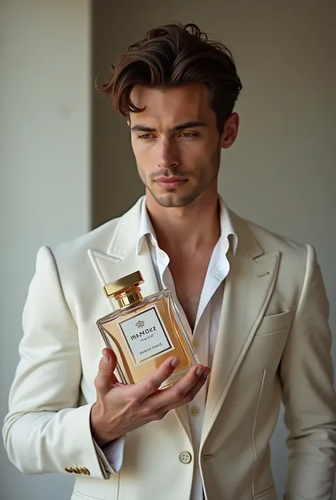 man, beautiful, elegant, white, skinny, soft leather, Beautifula con un perfume con nombre Maxi en su mano